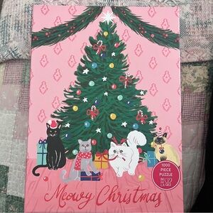 Meowy Christmas Cats 1000 Piece Jigsaw Puzzle 19”x 26” Complete Holiday Pink